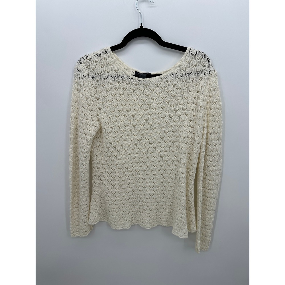 New York & Company 100% Cotton Open Knit Sweater Cream Crochet Cottagecore L